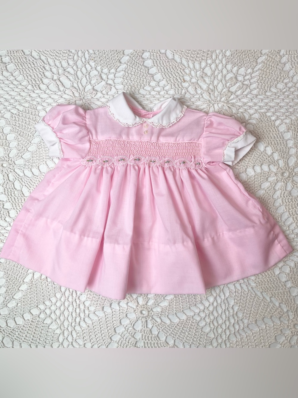 Vintage 1980s Baby Girl 3-6 Months Pink Smocked Dainty Heirloom Dress